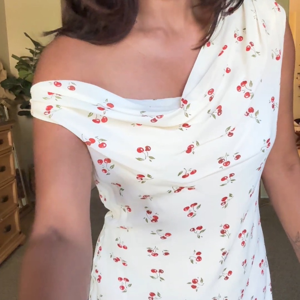 Reformation Kristine Cherry Print Off-Shoulder Dress Sz 10 New